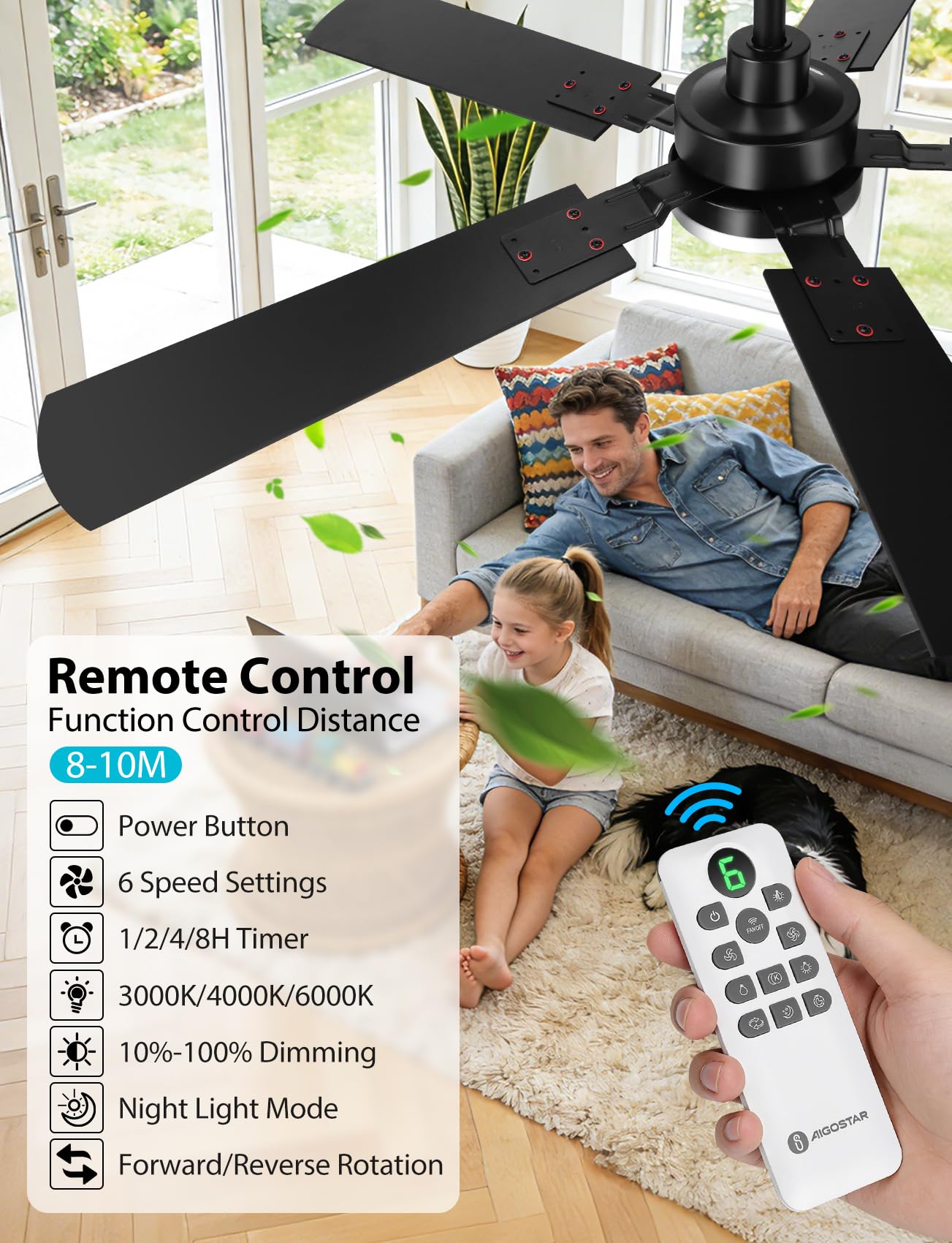 Aigostar Ventilatore da Soffitto con Luce e Telecomando Silenzioso 52‘’, 3000K/4000K/6000K Dimmerabile, 33W Motor DC Reversibile, 6 Velocità, Adatto per soggiorno, camera da letto e sala da pranzo