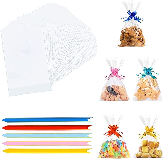 BREXTER® Cellophane Bags Pack of 60 (6 x 10 Inches), Clear Sweet Bags with 60 Colourful Pull Bow Ribbons, OPP Plastic Sweet Cone Bag for Gifts, Jewelry, Candy, Nuts, Fruits & Cookies