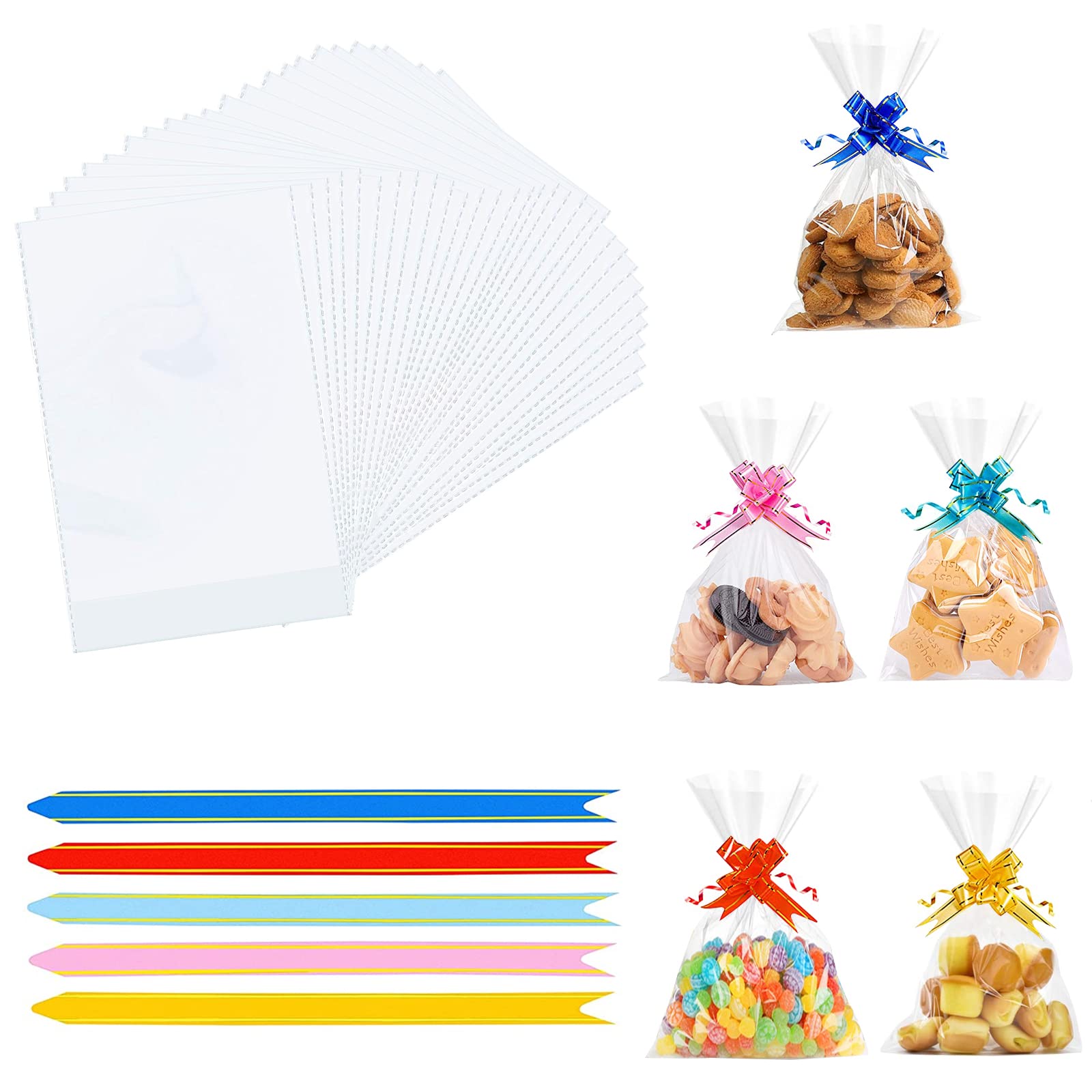 BREXTER® Cellophane Bags Pack of 60 (6 x 10 Inches), Clear Sweet Bags with 60 Colourful Pull Bow Ribbons, OPP Plastic Sweet Cone Bag for Gifts, Jewelry, Candy, Nuts, Fruits & Cookies