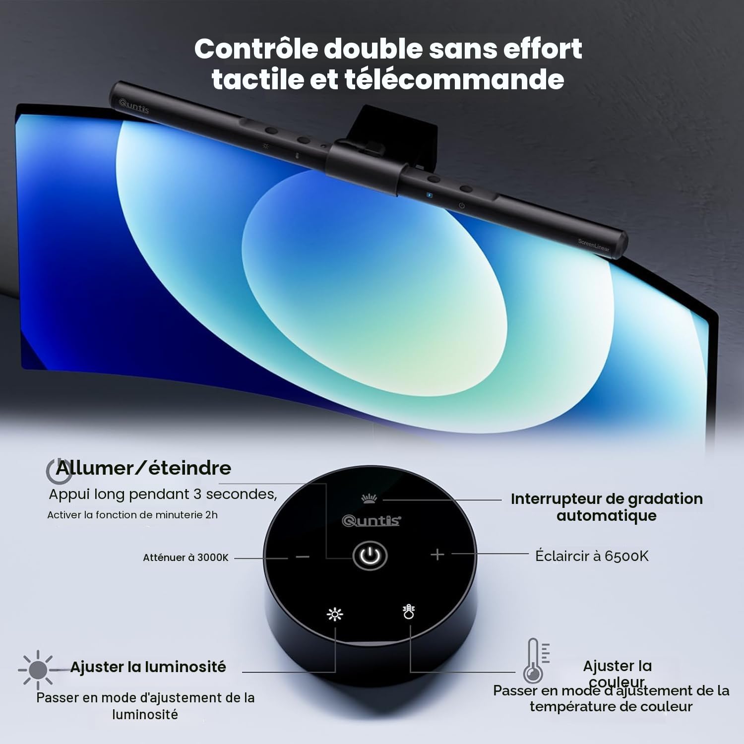 Quntis Lampe Écran PC LED USB 40CM avec Télécommande Double Réglage Gradation Automatique pour Bureau Gaming