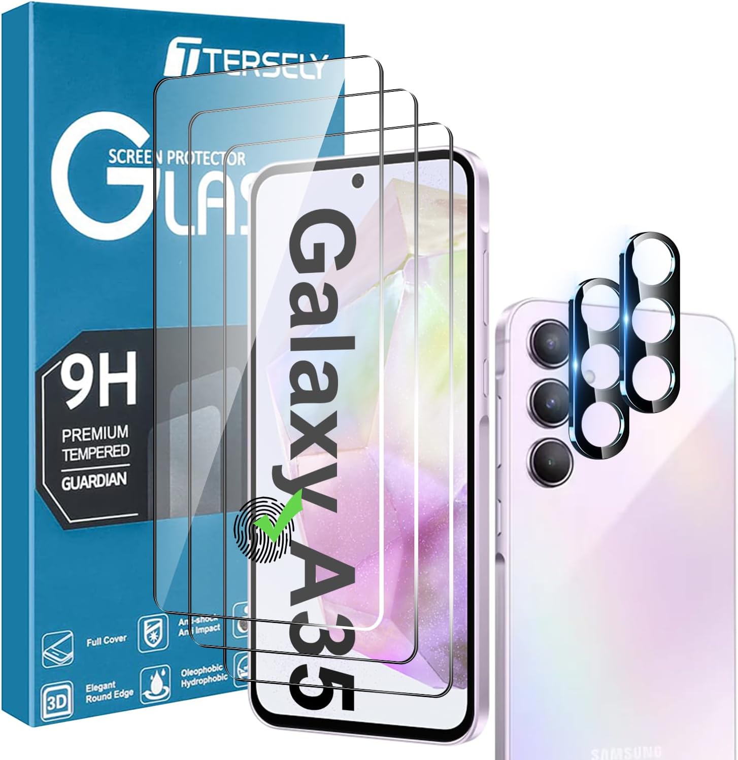 T Tersely ใ3+2 Pack 3 Pack Screen Protector for Samsung Galaxy A35 5G with 2 Pack Camera Lens Protector, Tempered Glass Film, 9H Hardness, Shatterproof Anti-Scratch Film Screen Protector