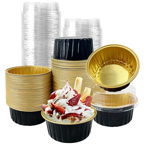 100Pcs Aluminum Cups with Lids,5oz Disposable Ramekin Baking Cups Muffin Liners Mini Pie Pans Foil Cupcake Containers for Christmas Party Wedding,Black Gold - Black/Gold
