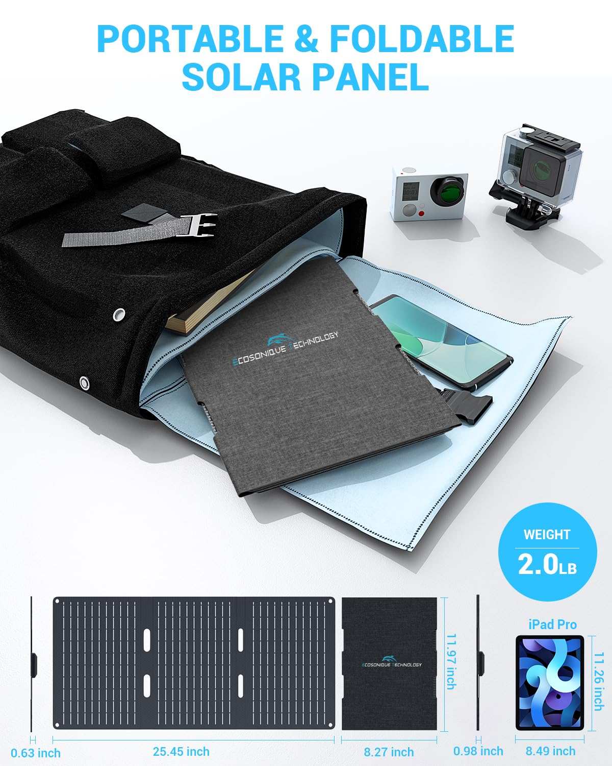 Ecosonique - Cargador solar portátil plegable de 30 W con USB C, USB A, carga rápida, impermeable, para camping, mochileros, compatible con teléfono celular, iPhone, iPad, Samsung Galaxy, LG, baterías