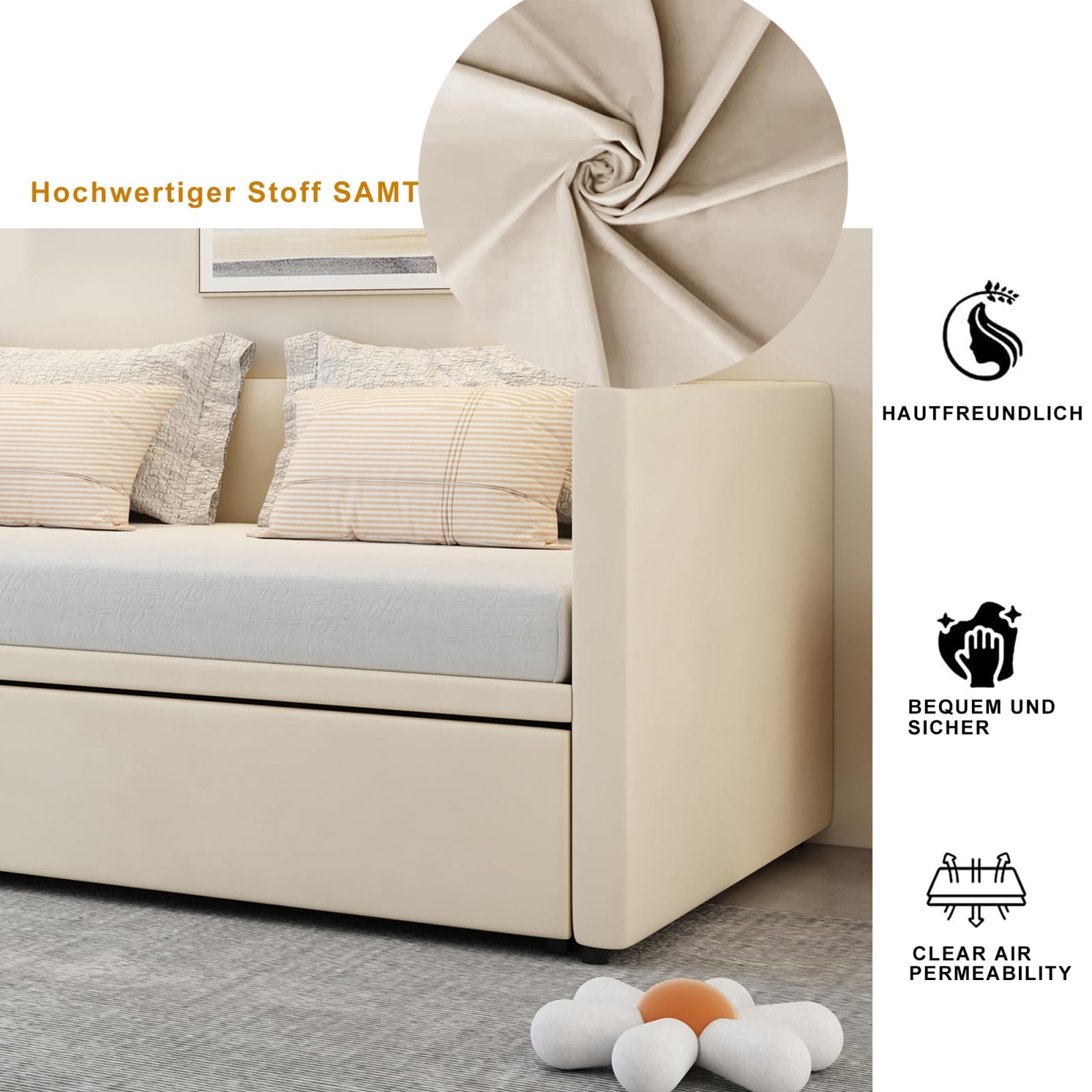 Divano letto, richiudibile, 2 posti, 90/180 x 200 cm, struttura letto, 2 posti, richiudibile, con doghe, estensibile, velluto (senza materasso) (Beige)