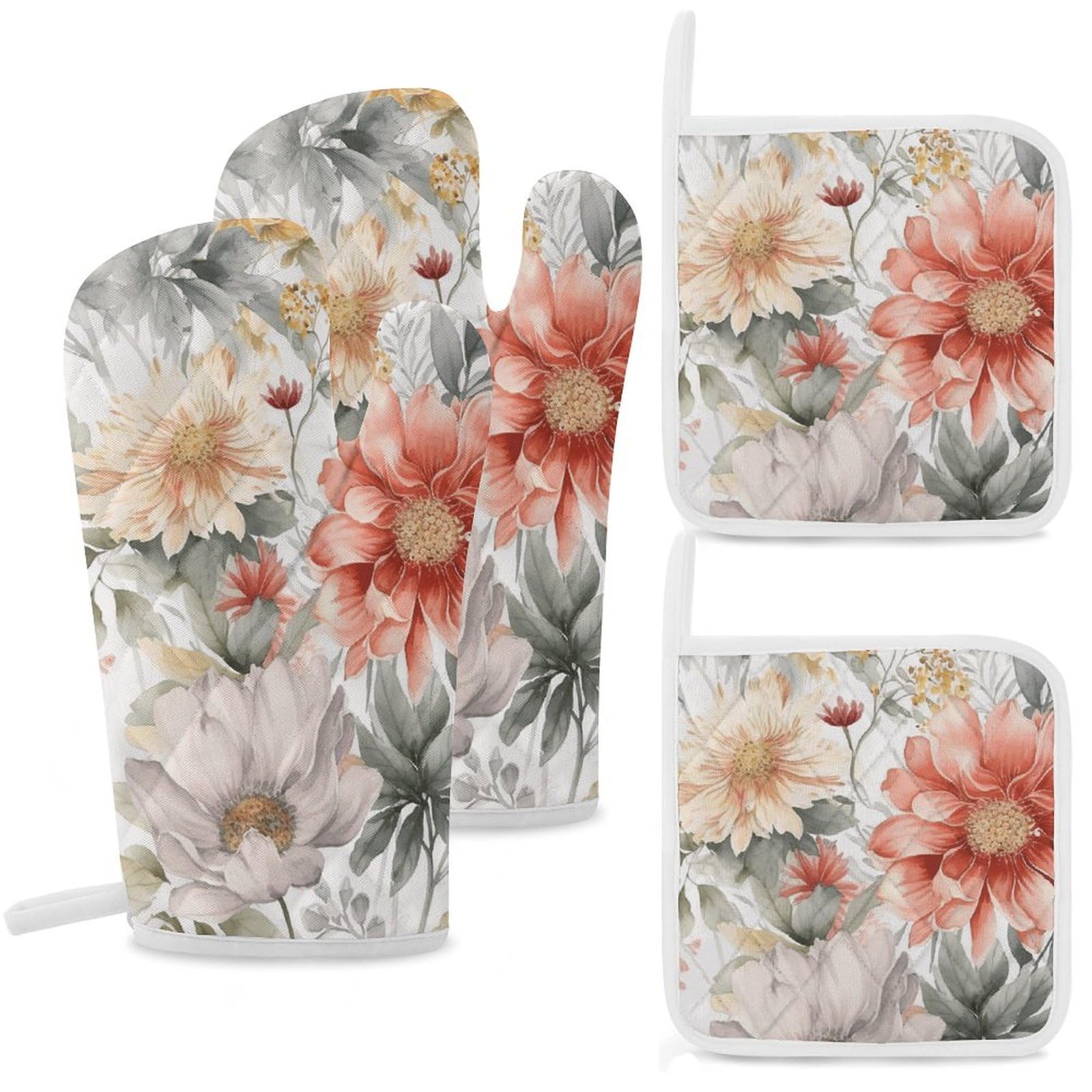 Gants de cuisine résistants à la chaleur et maniques au design floral