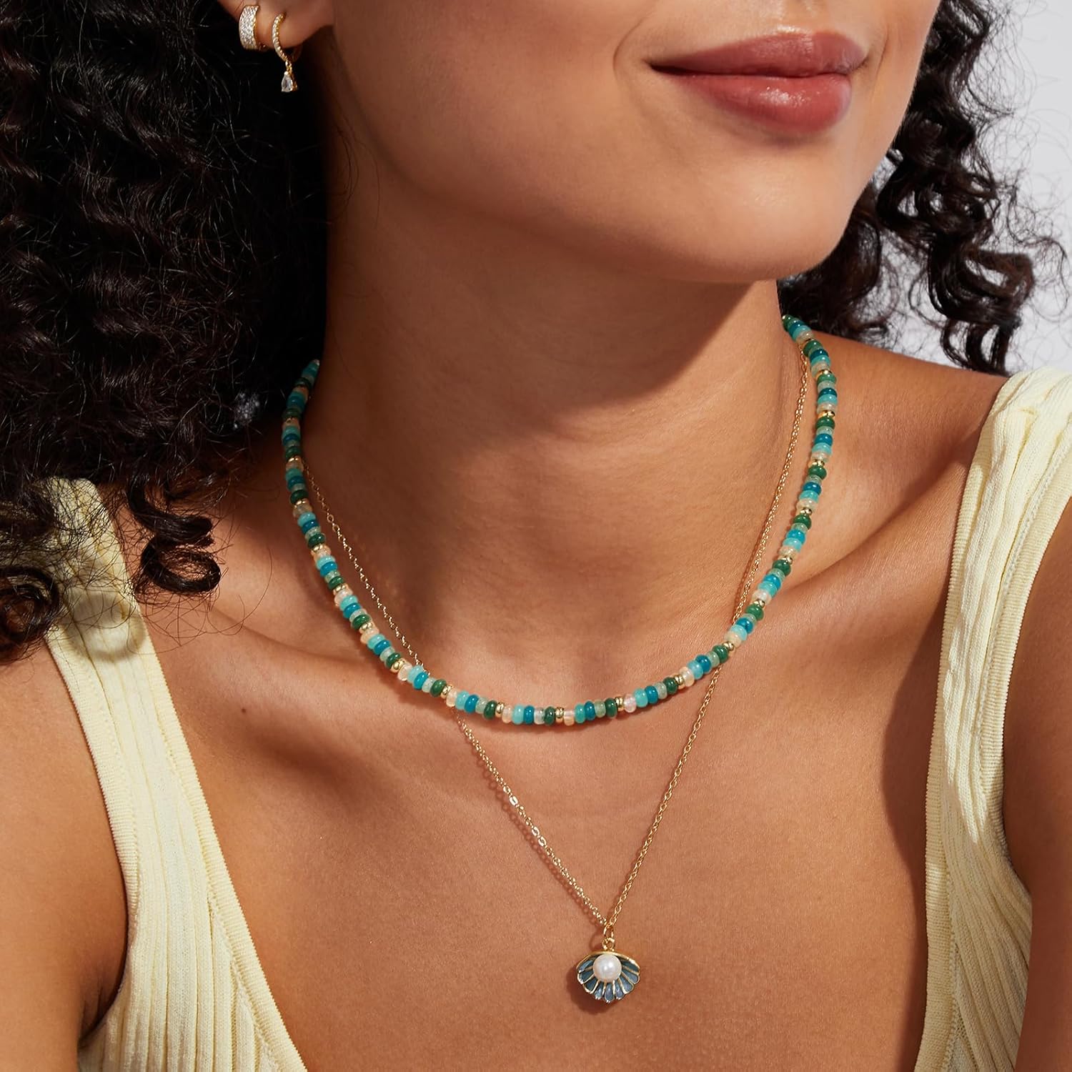 KissYan Boho Beaded Choker Necklace for Women, Gemstone Choker Natural Stone Freshwater Pearl Surfer Necklaces 14K Gold Plated Summer Beach Handmade Jewelry - Image 2