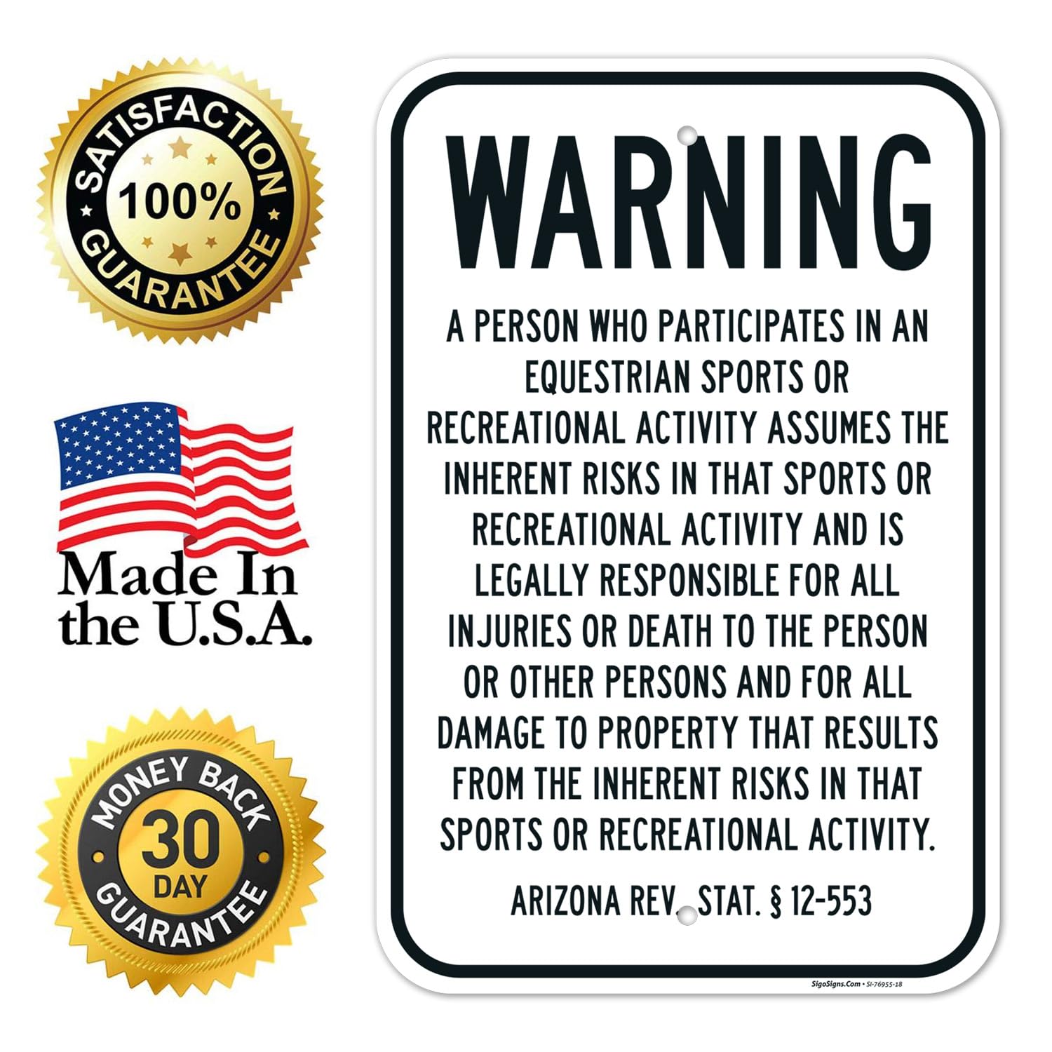 Warning A Person Who Participates in an Equestrian Sports Arizona Equine Liability Sign, 12x18 Inches, Rust Free .063 Aluminum, Fade Resistant, Made in USA