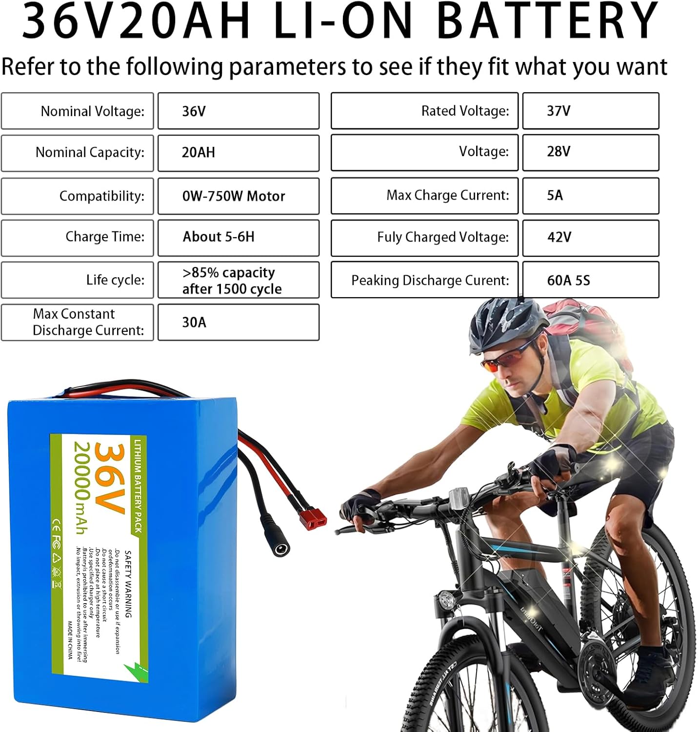 36V/48V Lithium Battery Pack 8Ah/12AH/20AH/25AH Equipped with 30A (BMS) Applicable to 150W/200W/550W/750W/1000W DIY Projects Bike Battery