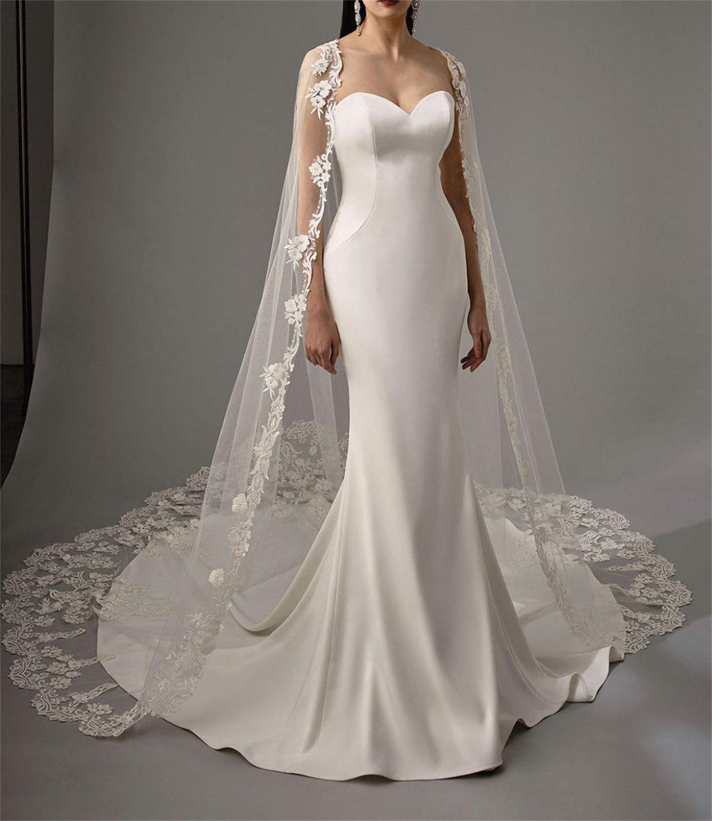 Chal de boda de tul con encaje floral largo largo catedral, capa de novia para novia, 3M, color marfil/blanco