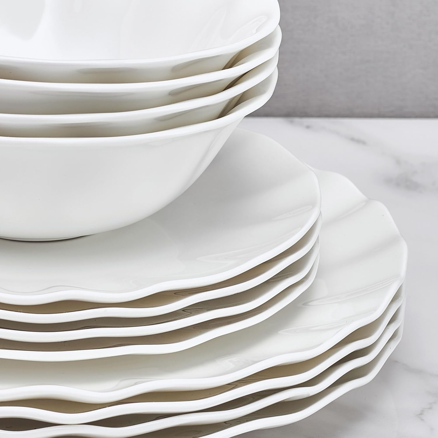 Mikasa Elodie Scalloped 12 Piece Bone China Durable Chip Resistant Lightweight Dinnerware Set, Service for 4, White