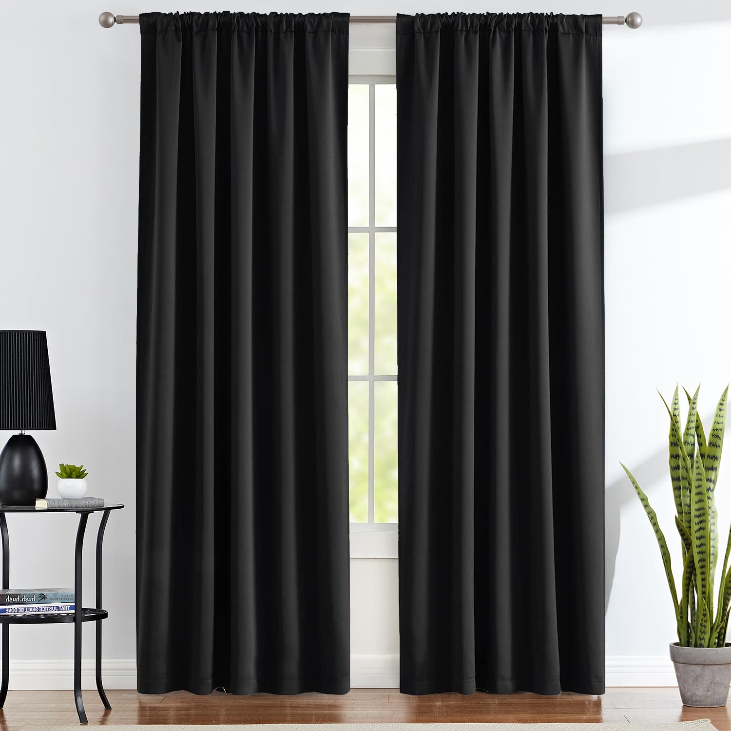 Abstractex Black Full Blackout Curtains 72 Inch Drop for Bedroom, Back Tab Curtain for Living Room Light Blocking Thermal Insulated Drapes Window Treatment 2 Panels, W52 x L72