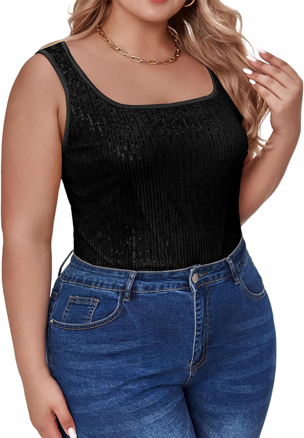 Beautife Womens Plus Size Sequin Tank Tops Sleeveless Square Neck Sparkly Club Party Shirt - Image 4