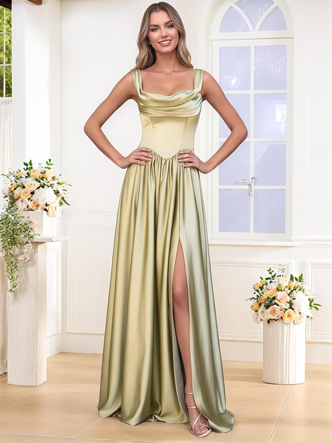 Monlity Bridesmaid Dresses Long Side Slit Satin Cowl Neck Corset A Line Formal Evening Gowns Pleated Prom Dress