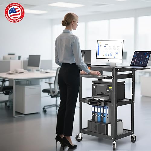 Miniatura 2 de Carrito AV grande de acero con tira de alimentación y hojas caídas, carrito Madia de metal ajustable en altura con ruedas, estación de trabajo