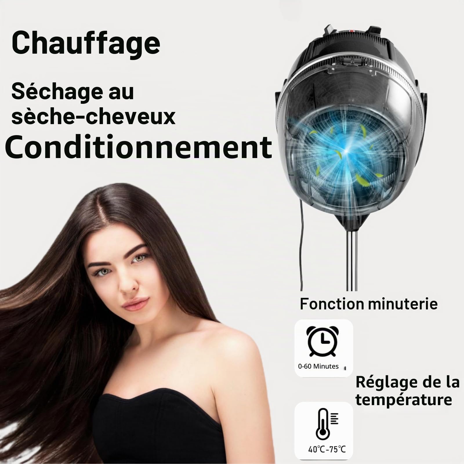 LIFEZEAL Casque de Séchage Professionnel, Support de Sèche-Cheveux Sur Pied, Hauteur Réglable pour Coiffeur, Salon de Coiffure, 1050 W