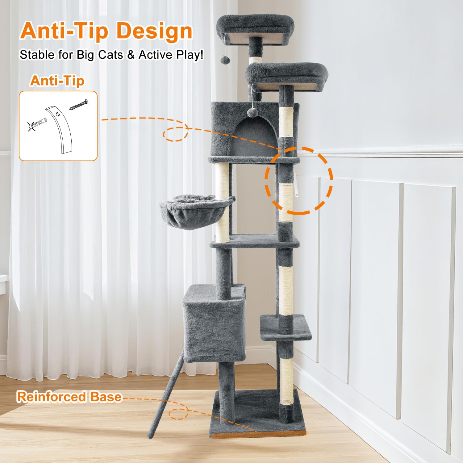 82" Tall Cat Tree,Giant Cat Tree for Indoor Cats Large Adult, Heavy Duty Cat Tree Tower, Extra Large Cat Trees with Scratching Posts, Cat Condos, Hammock,Top Perch,Ramp (Dark Grey)