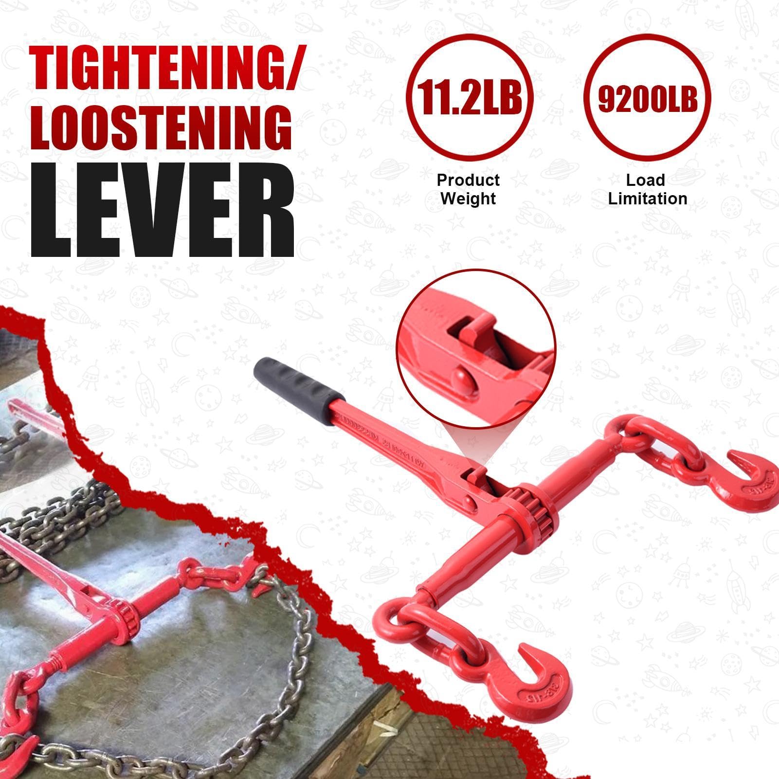 Chain and Binder Set - Binder Chain with Hook Chain Tie - Wire Ratchet Tensioner, Versatile Load Binder for Agriculture, Heavy Equipment Transportation, Industry