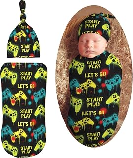 Yellow Neon Game Controller Newborn Swaddle Blankets Hat Sets Soft Baby Receiving Blanket Swaddle Sack for Baby Shower Infant Boy Girl Gift
