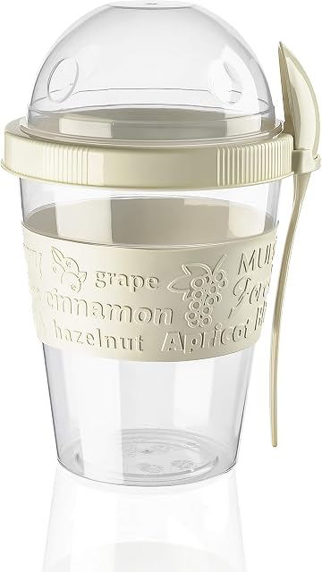 Shopivaa The Original Take & Go 600ml Yoghurt Pot For Breakfast Granola Muesli Cereal Overnight Oats Pot to go Yogurt Pot with Spoon and Lid Leakproof Plastic Dishwasher Safe (White)
