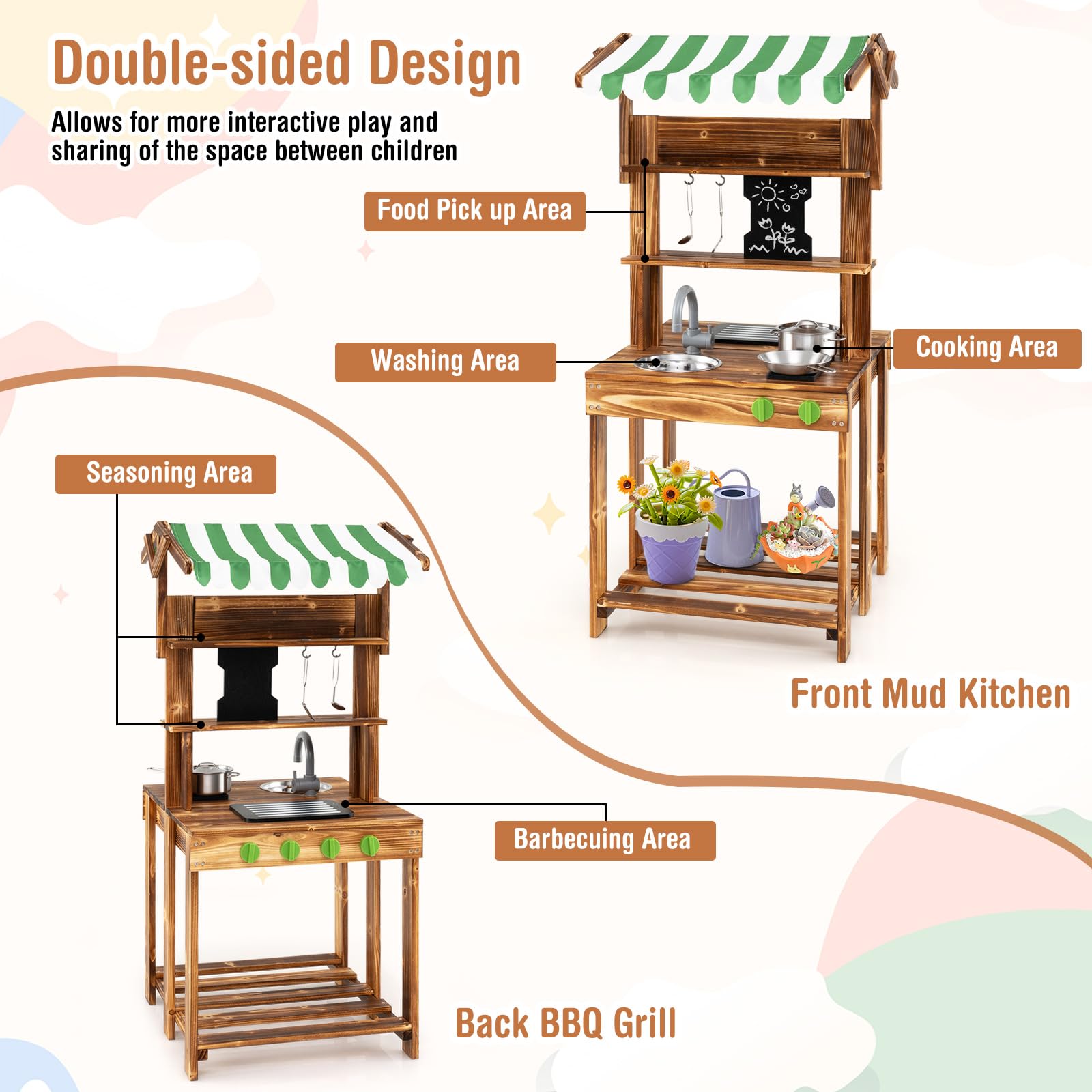 GOPLUS Matschküche für Kinder Outdoor, Kinderküche doppelseitig aus Holz, Spielküche mit Sonnendach, Tafel, Spüle und Wasserhahn & Zubehör, für Jungen und Mädchen ab 3 Jahren