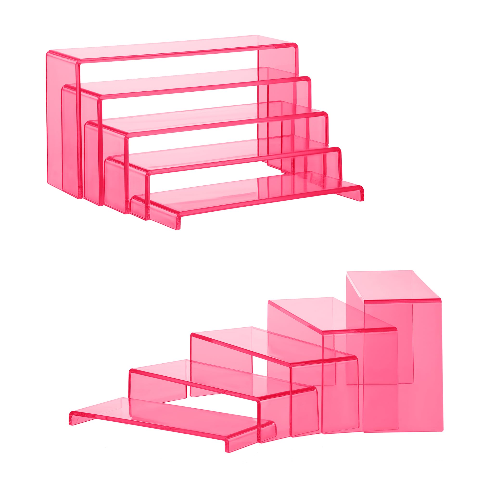 Goabroa Acrylic Display Risers, 2 Sets 10 Pcs Perfume Stand Organizer, Rectangular Riser Shelves for Figures, Cupcake, perfume display, Wine Glass and Handbag display，Transparent Pink