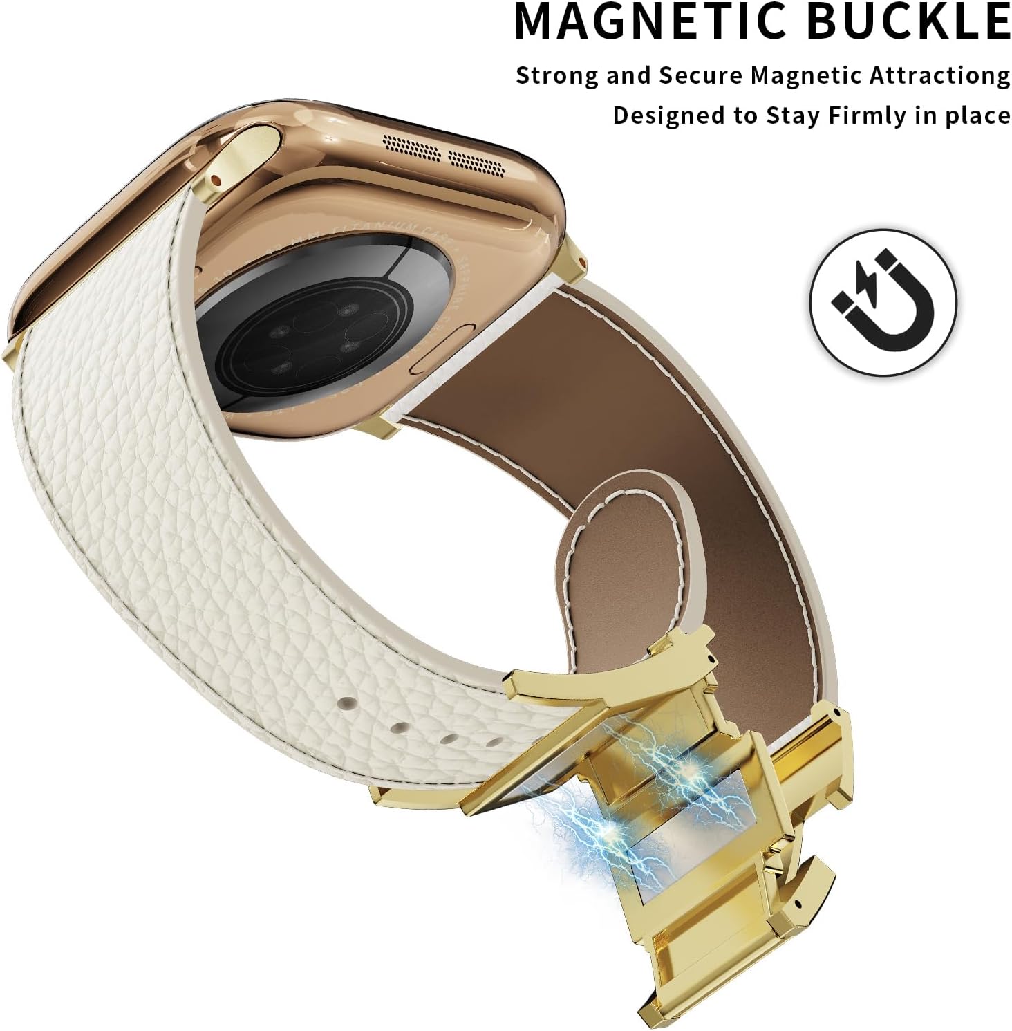 Leather Magnetic Watch Band Compatible with Apple Watch Ultra 49mm 46mm 45mm 44mm 42mm 41mm 40mm 38mm, Designer Replacement Strap for Women Men iWatch Series 9/8/7/6/5/4/3/2/1/SE/Ultra 2 - Image 3