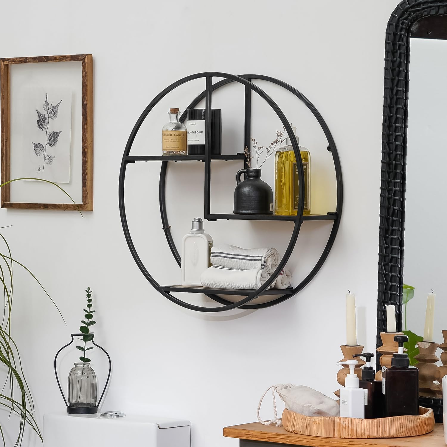 Industrial Style Round Wall Shelves - 3 Tier Metal Hanging Circle Floating Shelves for Bathroom Living Room Wall Decor, 21 Inch