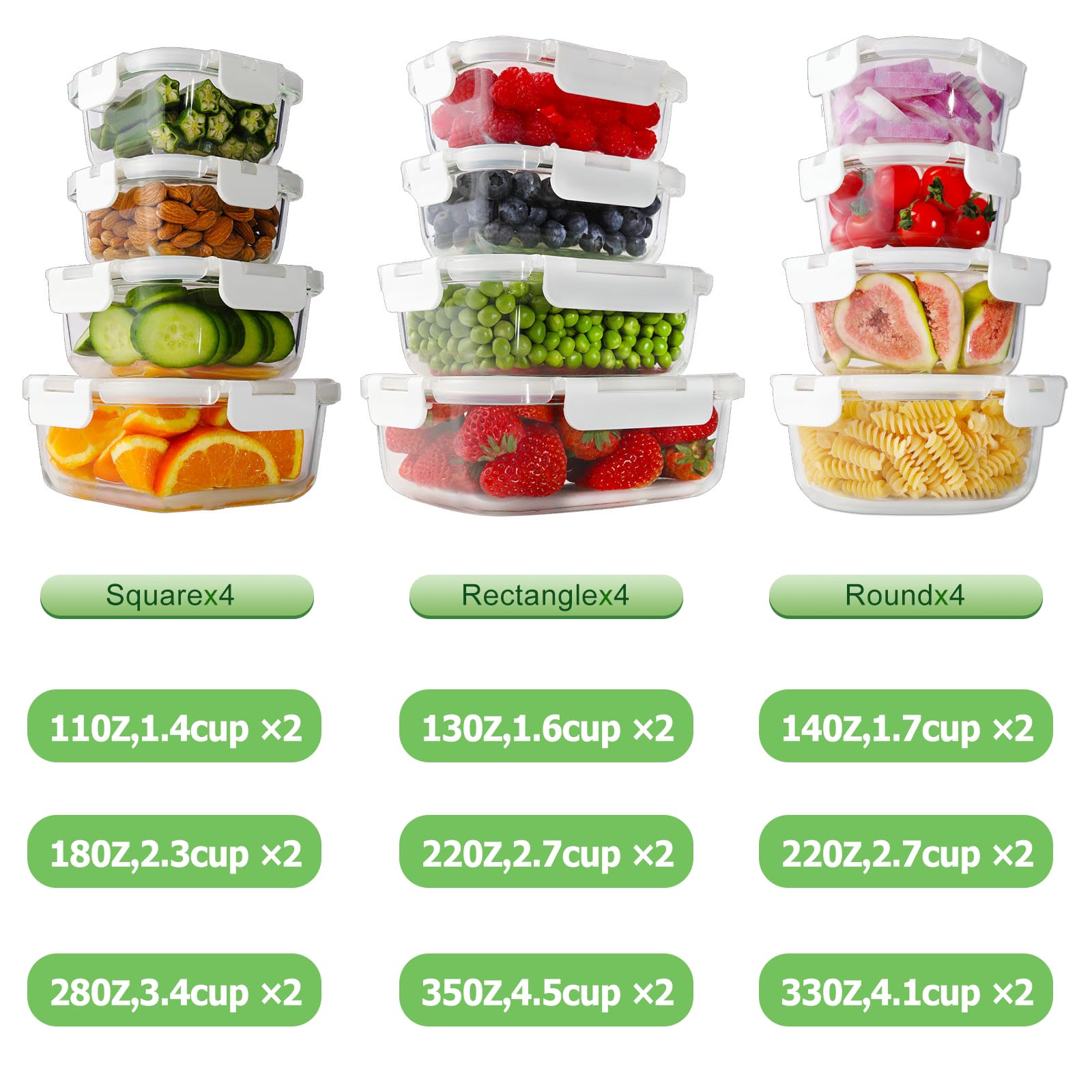 HOMBERKING 24 recipientes de vidrio para almacenamiento de alimentos con tapas de bloqueo, recipientes de vidrio para preparación de comidas, cajas Bento de vidrio herméticas, sin BPA y a prueba de