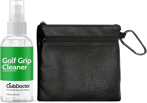 Club Doctor Golf Grip Cleaner Safe for All Grip Types | Restores Tackiness, Improves Grip Feel & Golf Valuables Pouch Premium Zippered Golf Accessories Bag with Metal Carabiner, Compact Organizer