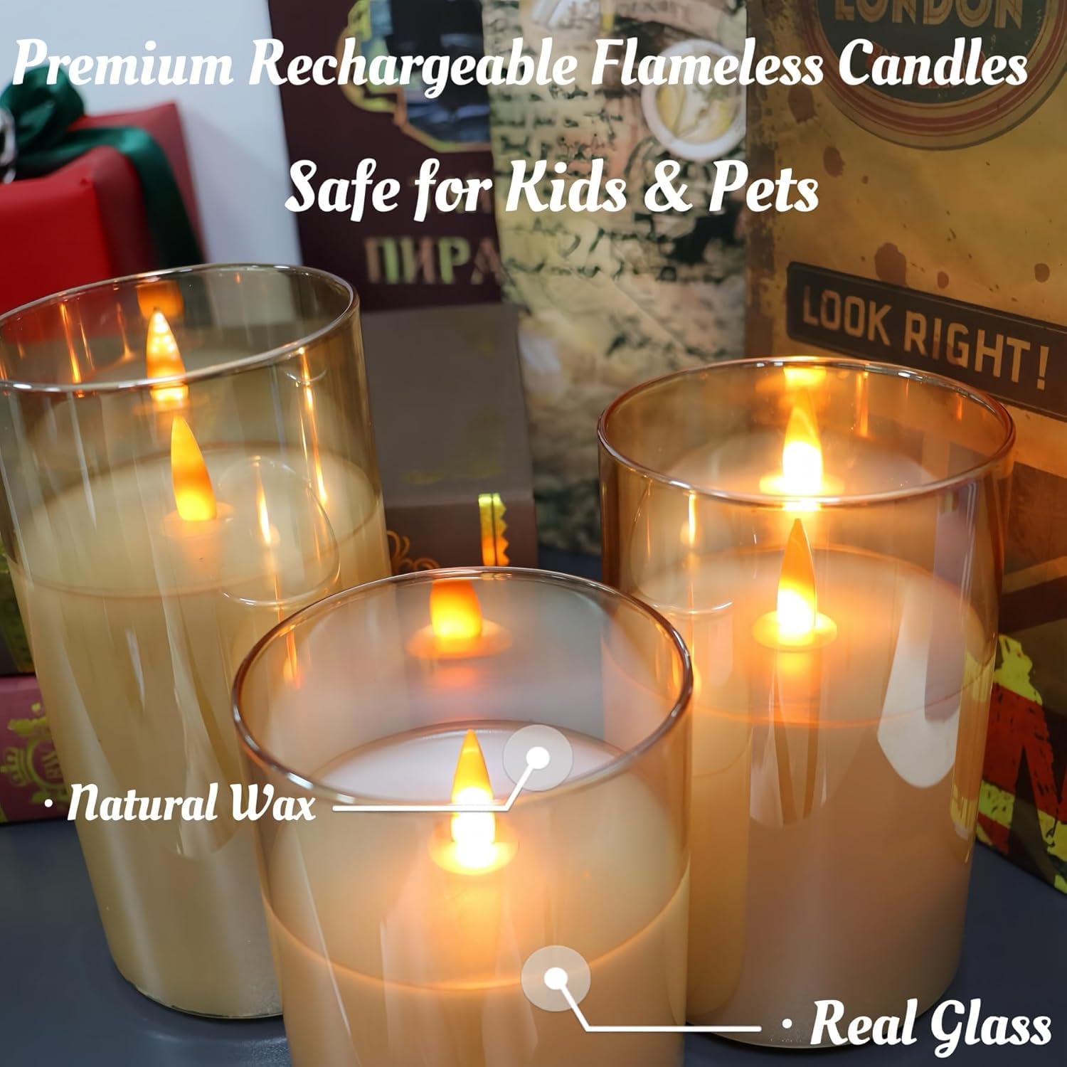 Bougies LED sans flamme télécommandées, rechargeables, bougies piliers en verre avec télécommande et fonction minuterie, flamme saute pour fêtes, mariages (autonomie 200 h) (Or)