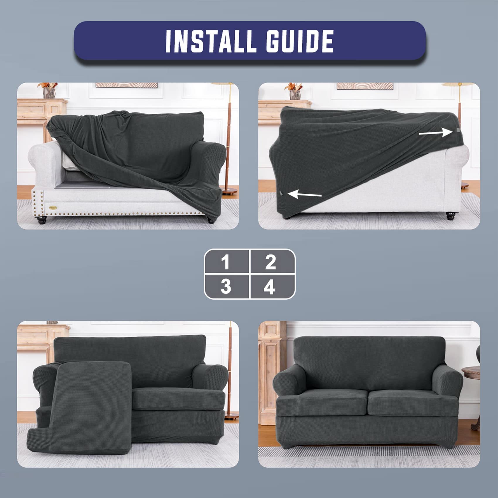 4 Pieces Stretch T Cushion Sofa Slipcovers with 3 Individually T Cushion Shape Seat Covers for Dogs, Washable Furniture Protector Soft Covers with Elastic Bottom (Sofa, Dark Gray)