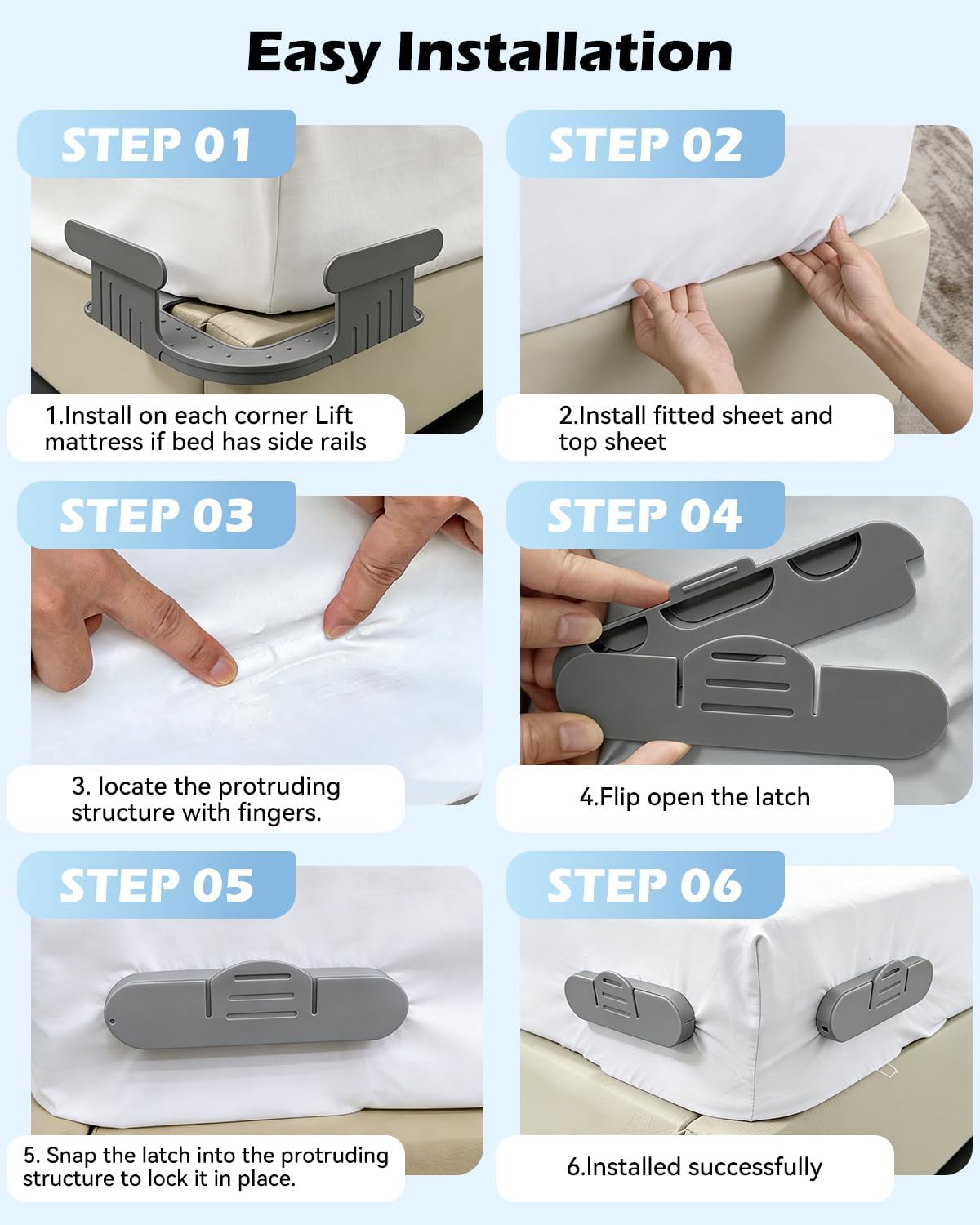Bed Lock Sheet Holders Fit All Sheet Size, No Need to Flip the Mattress & Tight, Bed Fitted Sheet Holder for Corners, Sheet Clips, ABS Material with High Flexibility, Sheet Secure Lock Fasteners, Grey