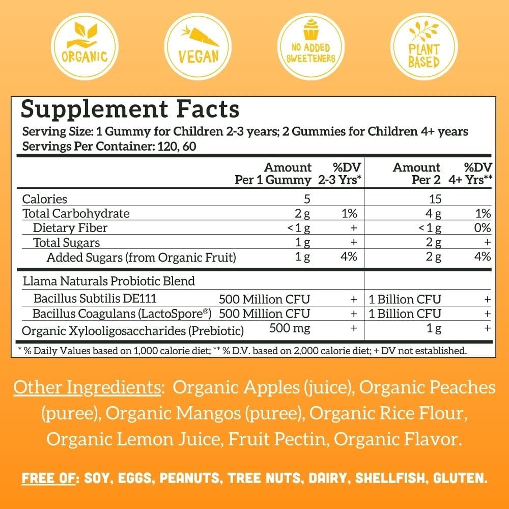Llama Naturals Kids Probiotic with Prebiotic Fiber, Vegan, Organic Prebiotics and Probiotics Gummies for Gut Health Support, Toddler Real Fruit Gummy Vitamins, No Added Sugar Cane, Peach Mango, 120 Ct - Image 3