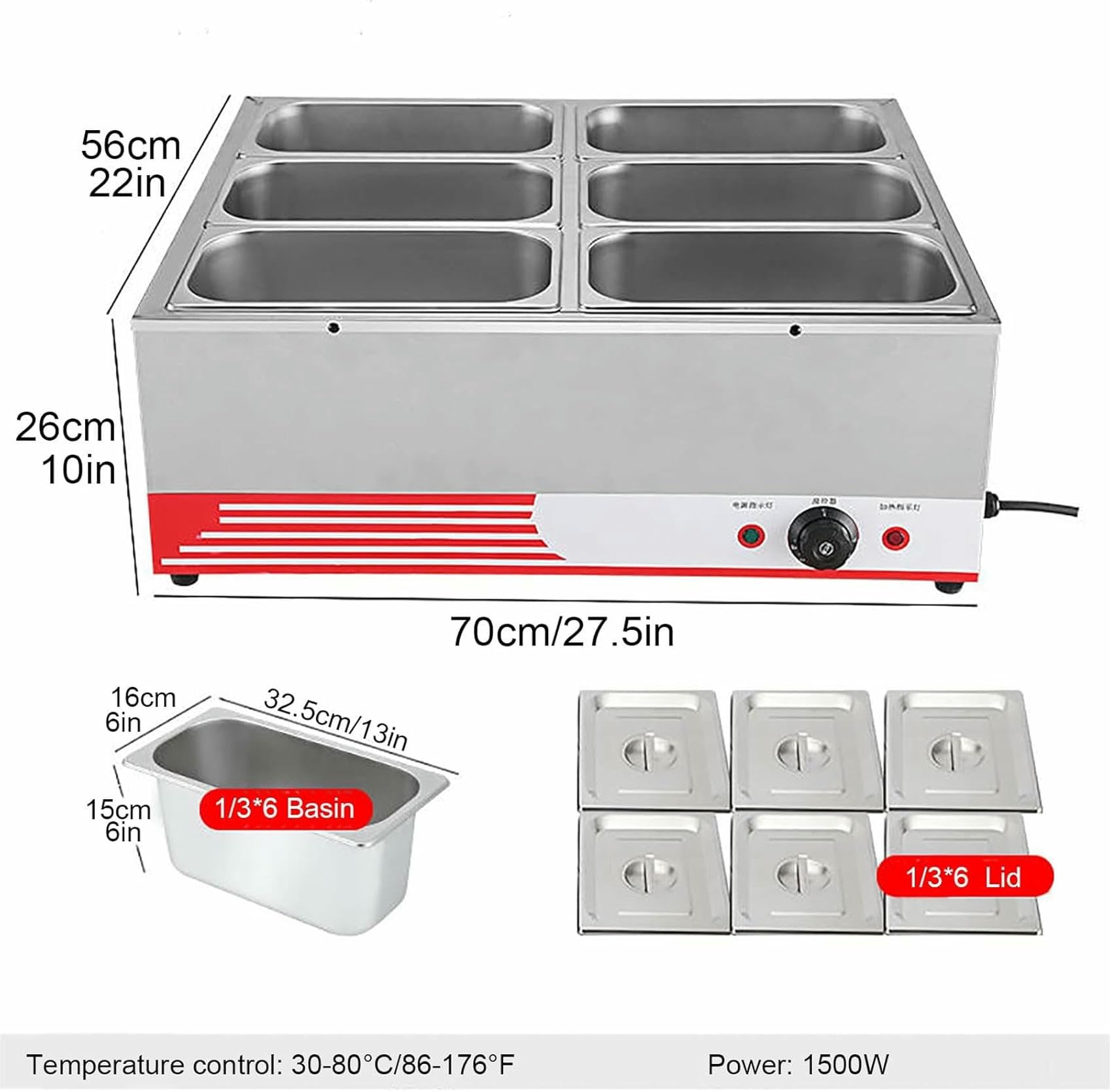 Buffet eléctrico de Acero Inoxidable con calefacción de Plataforma y Control de Temperatura, Ideal para restaurantes, Servicios de Catering, cafeterías, Vacaciones en ca,6 Pan