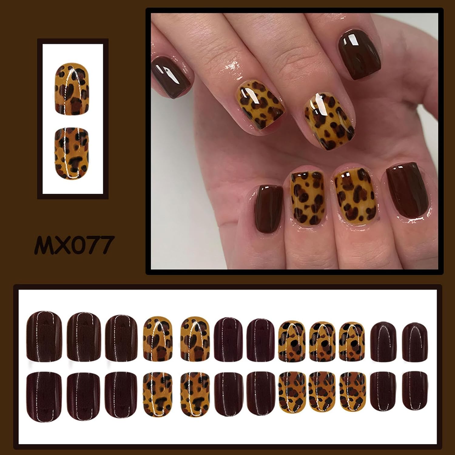 Square Press on Nails Short Fake Nails with Leopard Designs Fall Nails Press ons Brown Glue on Nails Glossy Stick on Nails Acrylic Presson Nails for Women 24 Pcs