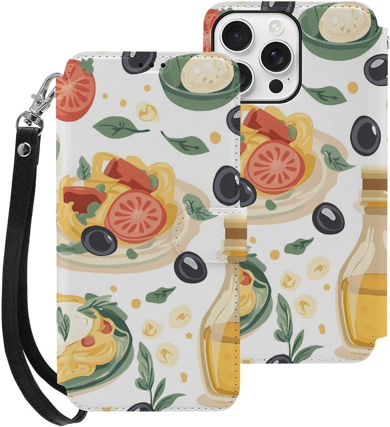 Cute Italian Food and Pasta Compatible with iPhone 16/16 Plus/16 Pro/16 Pro Max/16 E Case Phone Wallet Card Holder Flip Cover with Wrist Strap