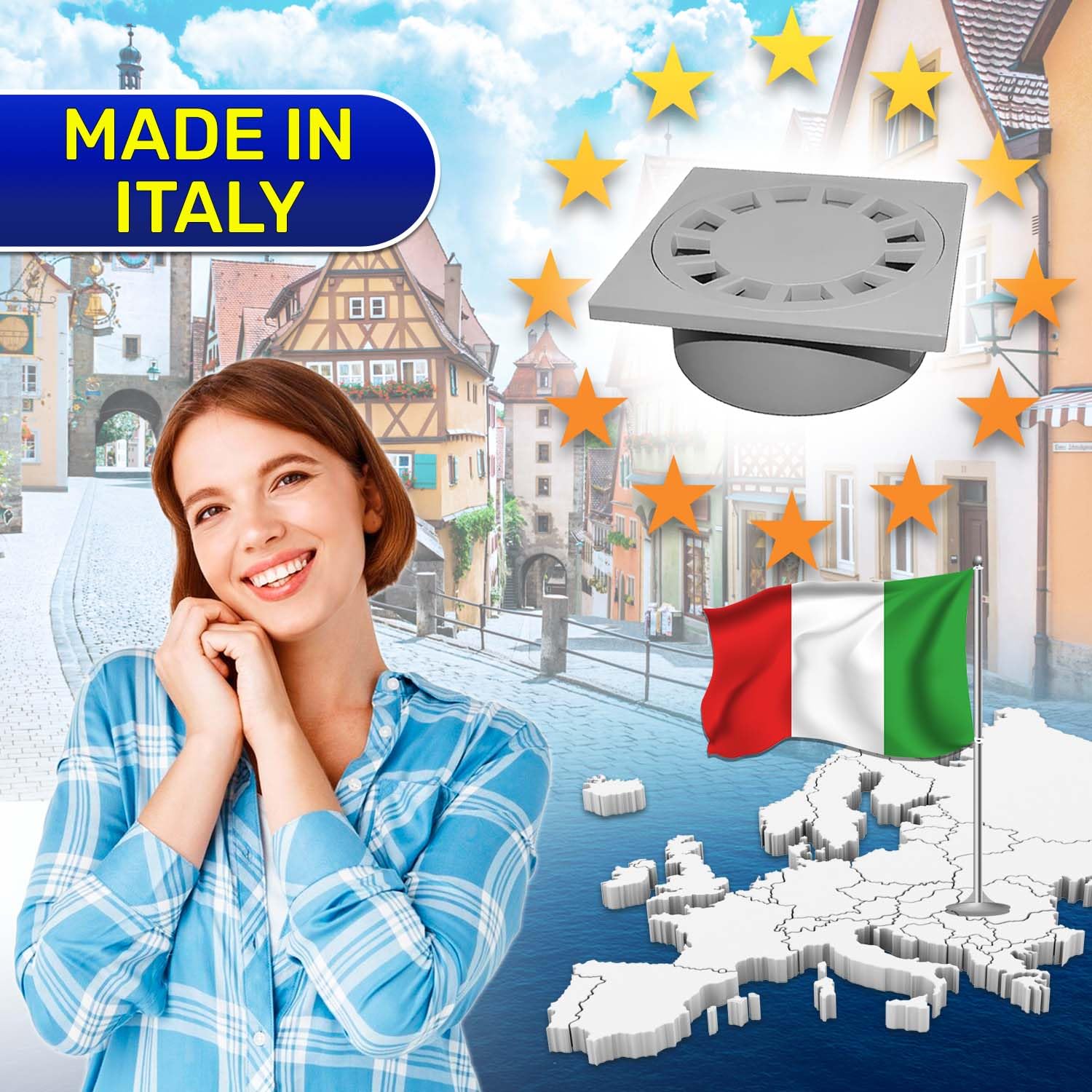 Chiusino Sifonato 150 x 150 mm con Uscita Verticale - Realizzato in Plastica - Garanzia di 10 Anni - MADE IN ITALY - MONTERAL