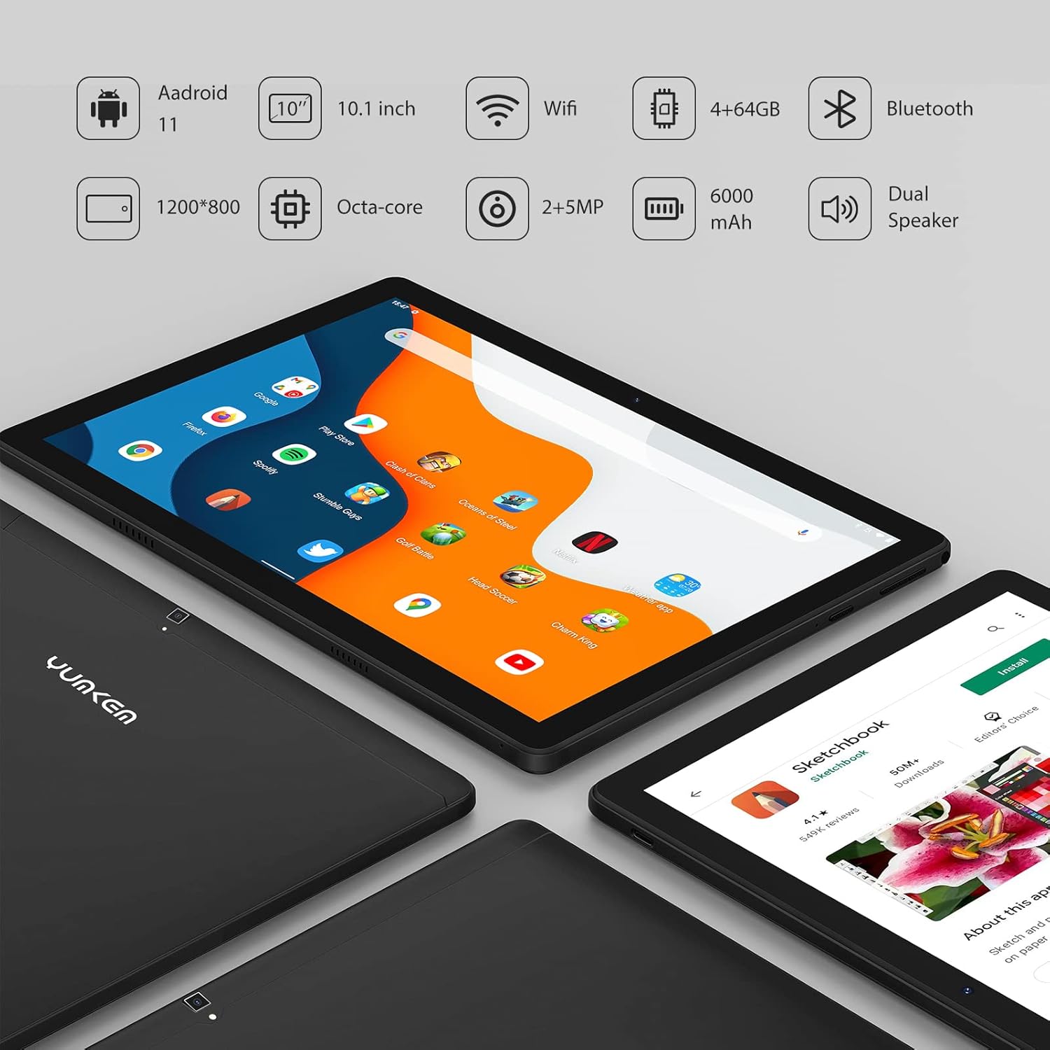 YUMKEM Tablet 10 Pollici, Tablet Android 11 CPU 8-Core, Touch Screen IPS 1280P HD, 6000mAh, 4GB RAM 64GB ROM 1TB Espandibile, 5MP + 8MP, WiFi, BT 5.0, Type-C, Stereo, Nero