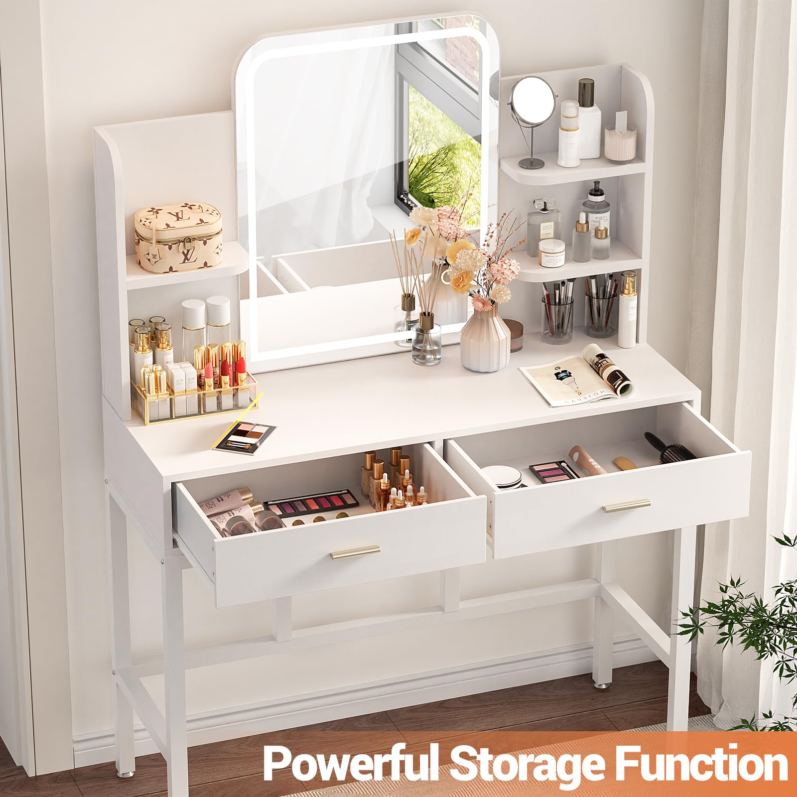 Vanity Desk, Makeup Vanity Desk with Mirrors, Vanity Set with 2 Storage Drawers and Open Shelves, 3 Colors LED Brightness Adjustable Dressing Table, Makeup Desk for Girl and Women, White