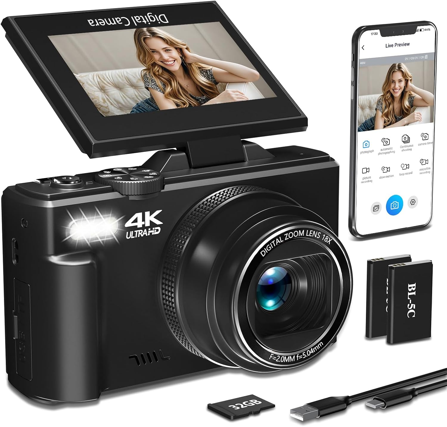 4K Digital Camera for Photography, 64MP HD WiFi Vlogging Camera for YouTube with 3" 180°Flip Screen, 18X Digital Zoom,Autofocus Compact Camera with Flash,32GB TF Card & 2 Batteries(Black)