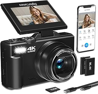 4K Digital Camera for Photography, 64MP HD WiFi Vlogging Camera for YouTube with 3" 180°Flip Screen, 18X Digital Zoom,Autofocus Compact Camera with Flash,32GB TF Card & 2 Batteries(Black)