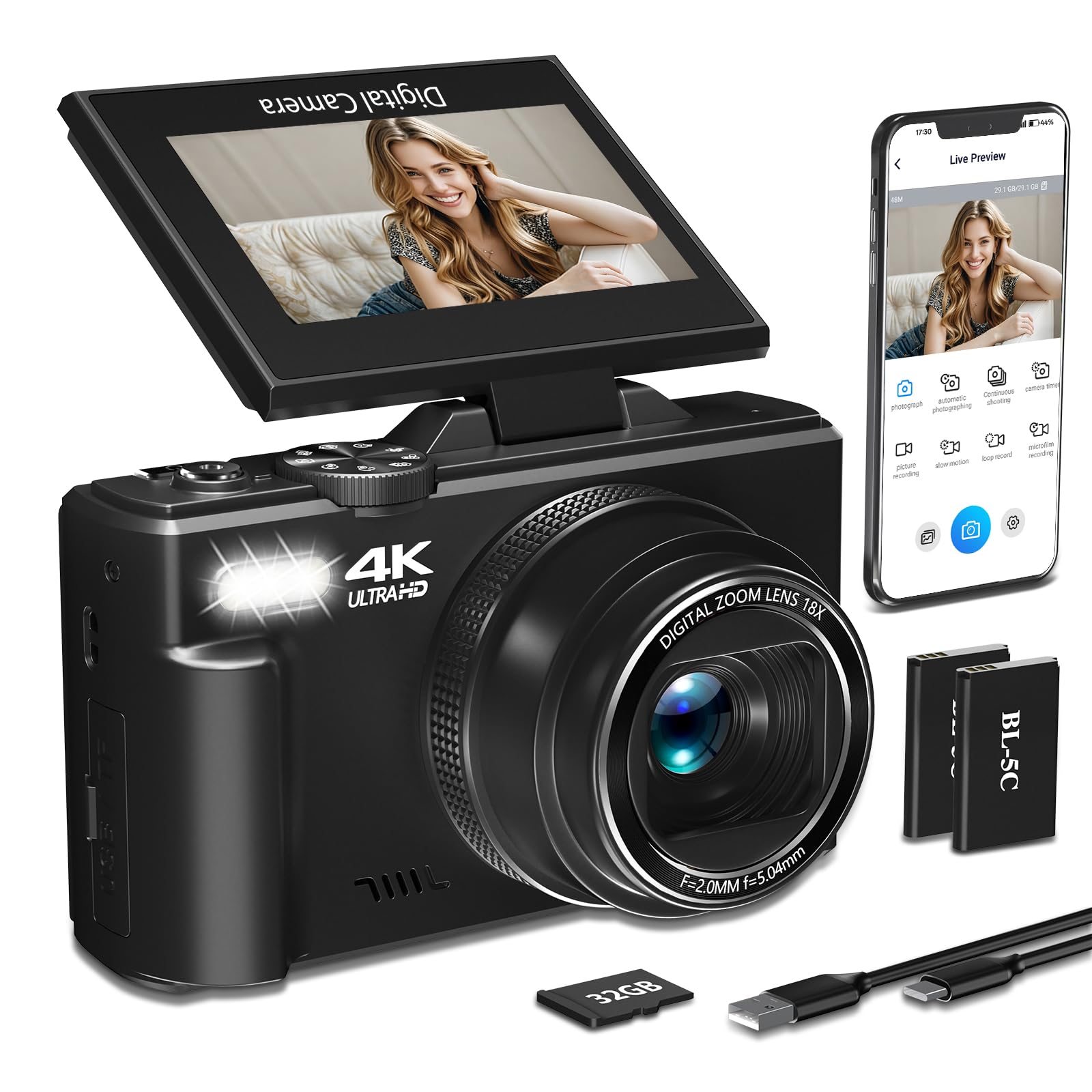 4K Digital Camera for Photography, 64MP HD WiFi Vlogging Camera for YouTube with 3" 180°Flip Screen, 18X Digital Zoom,Autofocus Compact Camera with Flash,32GB TF Card & 2 Batteries(Black)-image-45