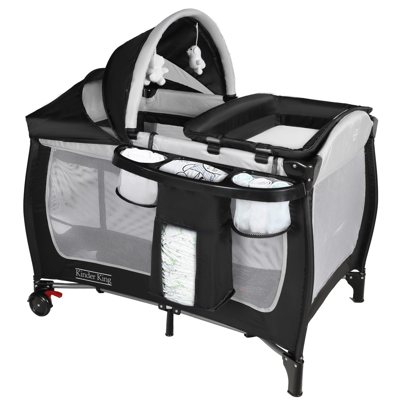 Kinder King 4 in 1 Portable Pack n Play, Baby Nursery Center Playard w/Bassinet, Large Playpen for Infant and Toddler, Newborn Changing Table, Adjustable Canopy, Storage Basket, Travel Bag, Black
