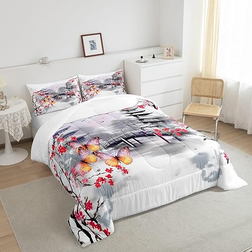 Miniatura 4 de Juego de ropa de cama estilo tinta japonesa, juego de ropa de cama de flor de ciruelo rojo, tamaño individual, para mujeres y niñas, con diseño de
