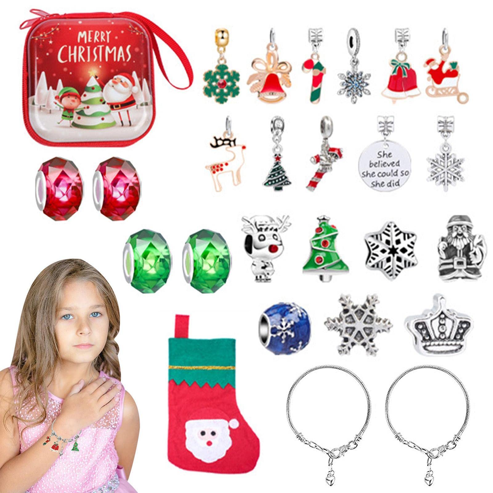 Eayoly Christmas DIY Bracelet Set,Christmas Charm Bracelet DIY Advent Calendar Kit - Charm DIY Bracelet Advent Christmas Countdown Calendar for DIY Craft Gifts