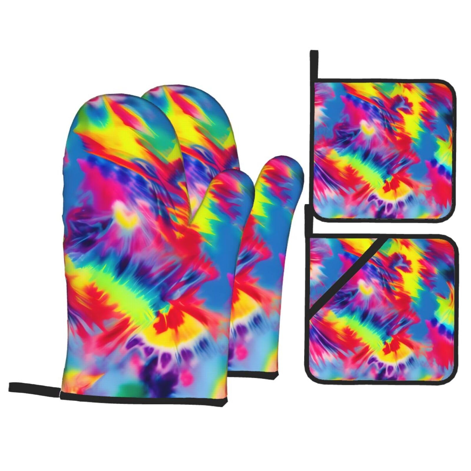 Nimongt Black Tie Dye Pattern Print Heat-Resistant 4-Piece Oven Kitchen Gloves For Baking Cooking Microwaving Essentials