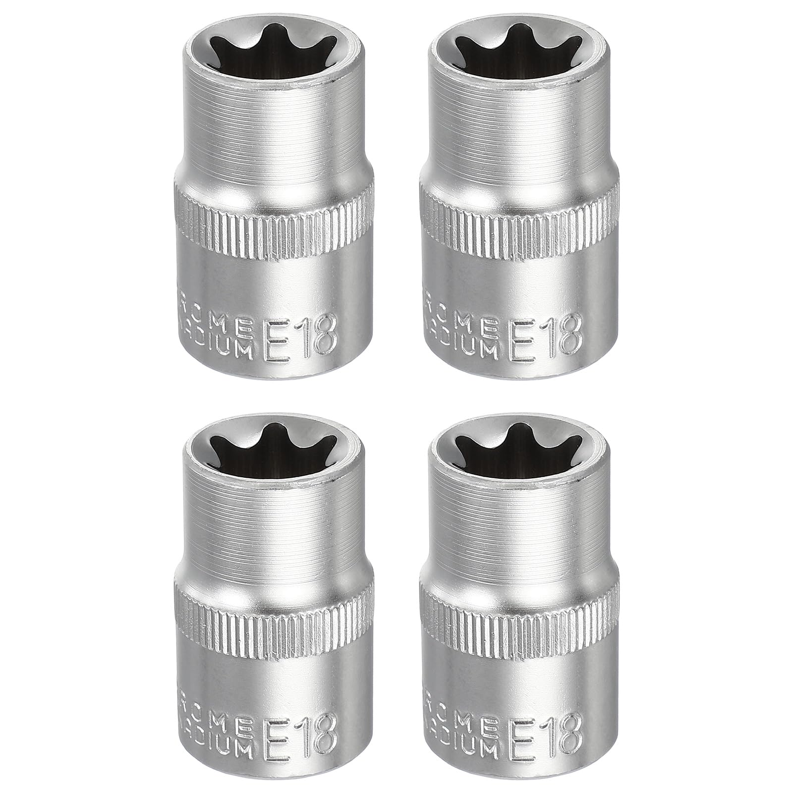 sourcing map 4pcs E-Torx Socket 1/2" Drive E18 Star Metric Socket 1.5" Length External Torx Shallow Sleeve 35K Alloy Steel Chrome 6 Point Spline Sleeve for Auto Repairs
