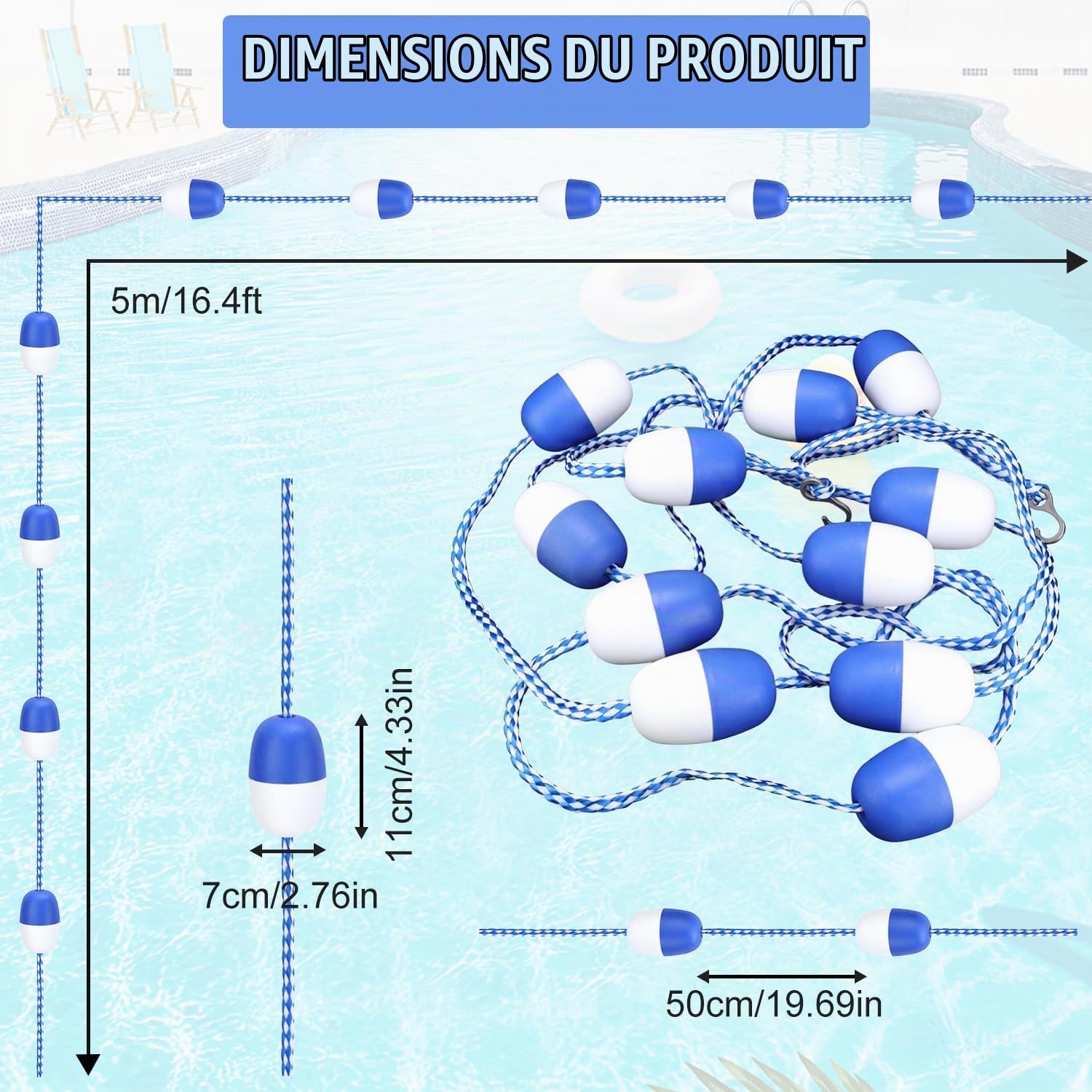 Corde de Séparation de Sécurité de 5 M pour Piscine, Séparateur de Sécurité À Cordon Flottant pour Piscine Avec Flotteurs et Crochets pour Diviser Les Zones Dangereuses Ou Les Couloirs de Nage