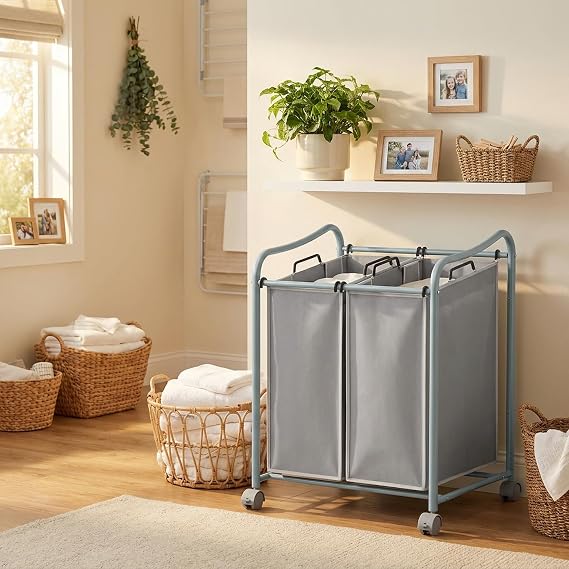 Simple Houseware 2-Bag Heavy Duty Rolling Laundry Sorter Cart, Silver 2 Section Removable Bags and Lockable Wheels for Laundry Room Organization