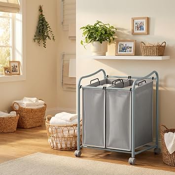 Simple Houseware 2-Bag Heavy Duty Rolling Laundry Sorter Cart, Silver 2 Section Removable Bags and Lockable Wheels for Laundry Room Organization
